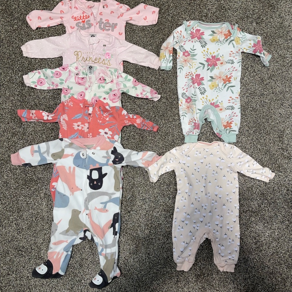 COPY - 7 piece baby girl footed sleeper onesies and romper bundle lot; Size 0-3…